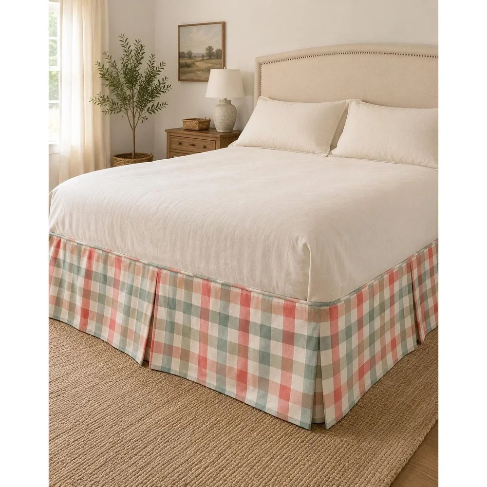 Vintage California King Bed Skirt Heavyweight Plaid Tailored Pleated Dust Ruffle